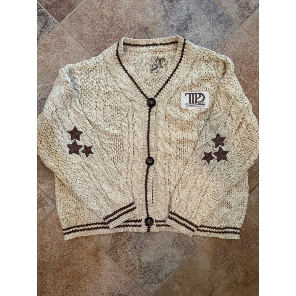 Taylor Swift Inspired TTPD Brown Star Embroidery Knitting Beige Cardigan XL/XXL